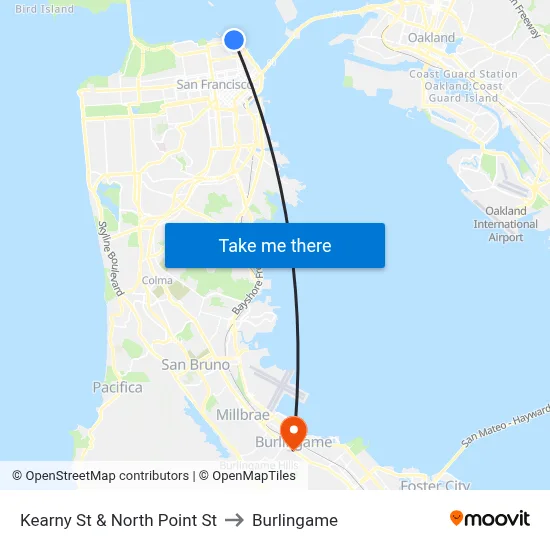 Kearny St & North Point St to Burlingame map