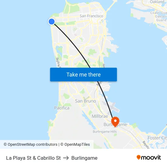 La Playa St & Cabrillo St to Burlingame map