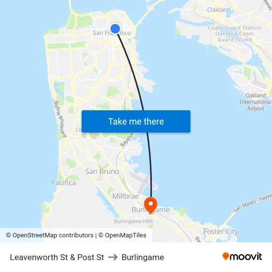 Leavenworth St & Post St to Burlingame map