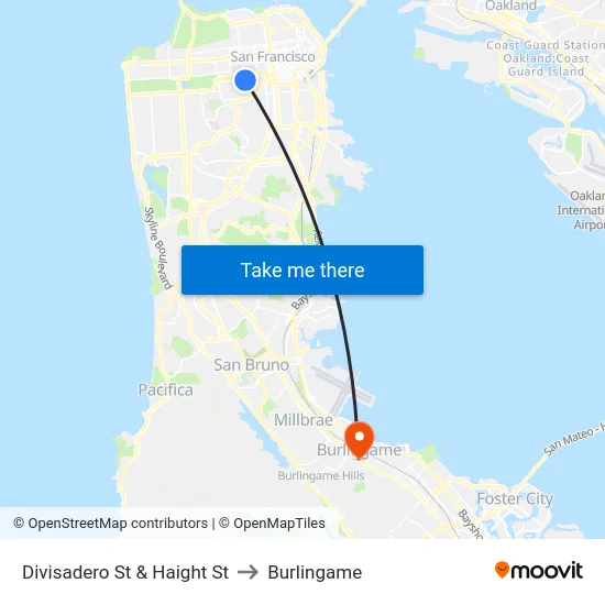 Divisadero St & Haight St to Burlingame map