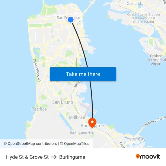 Hyde St & Grove St to Burlingame map