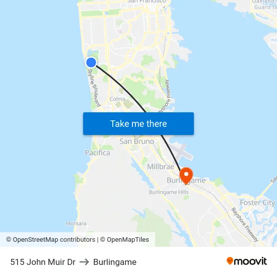 515 John Muir Dr to Burlingame map
