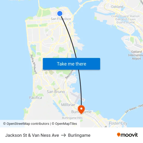 Jackson St & Van Ness Ave to Burlingame map
