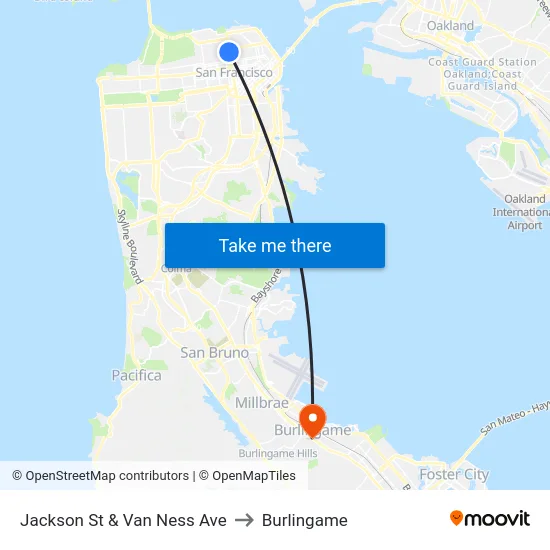Jackson St & Van Ness Ave to Burlingame map