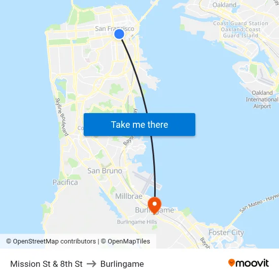 Mission St & 8th St to Burlingame map