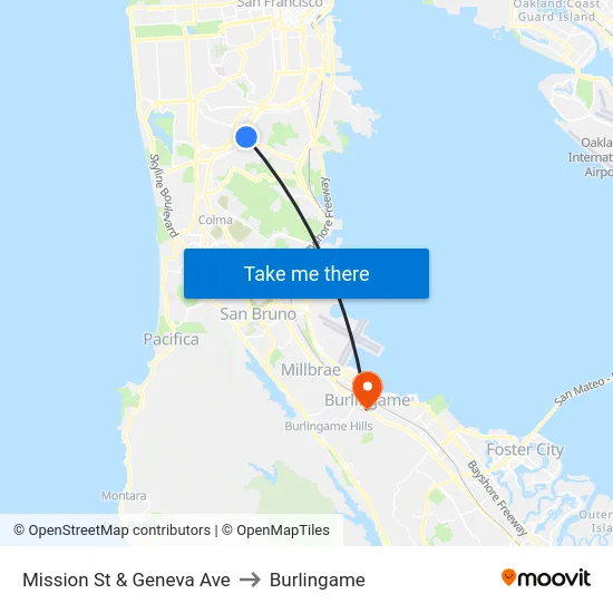 Mission St & Geneva Ave to Burlingame map