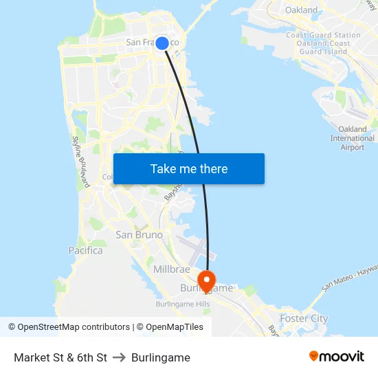 Market St & 6th St to Burlingame map