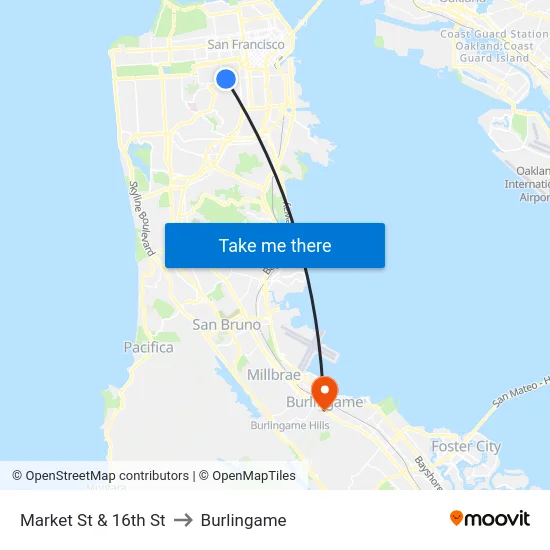 Market St & 16th St to Burlingame map