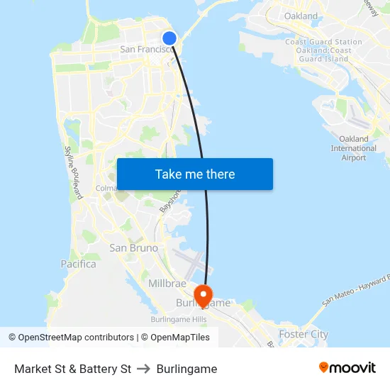 Market St & Battery St to Burlingame map