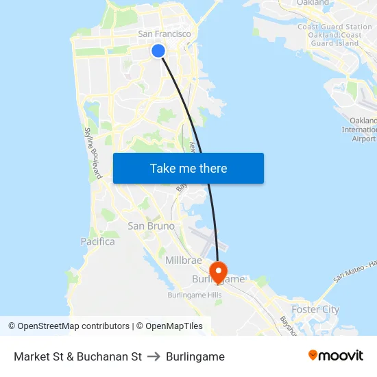 Market St & Buchanan St to Burlingame map