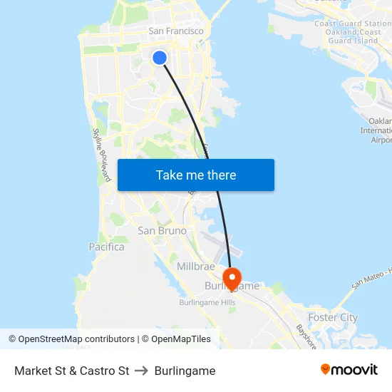 Market St & Castro St to Burlingame map