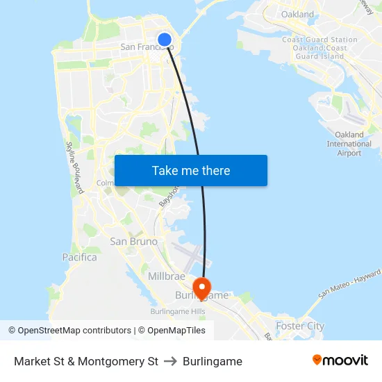 Market St & Montgomery St to Burlingame map