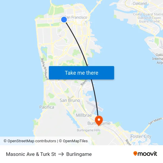 Masonic Ave & Turk St to Burlingame map