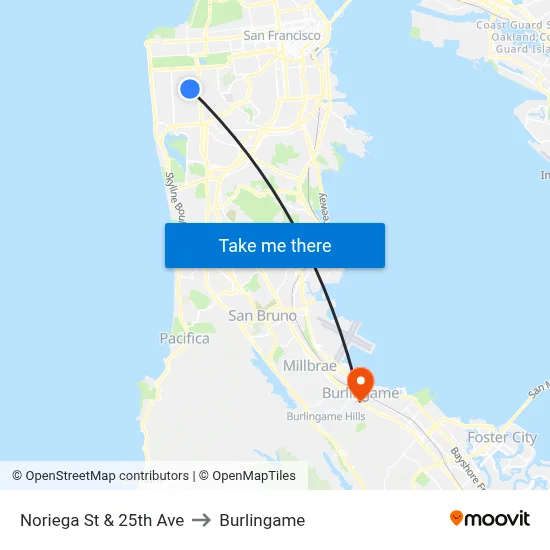 Noriega St & 25th Ave to Burlingame map
