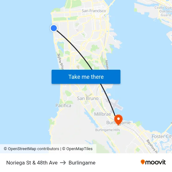 Noriega St & 48th Ave to Burlingame map