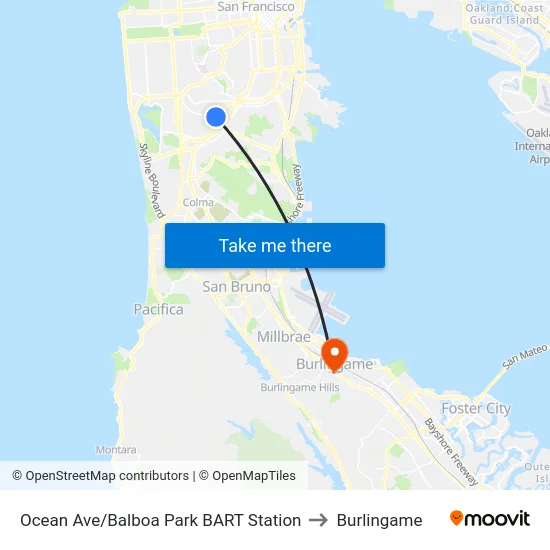 Ocean Ave/Balboa Park BART Station to Burlingame map