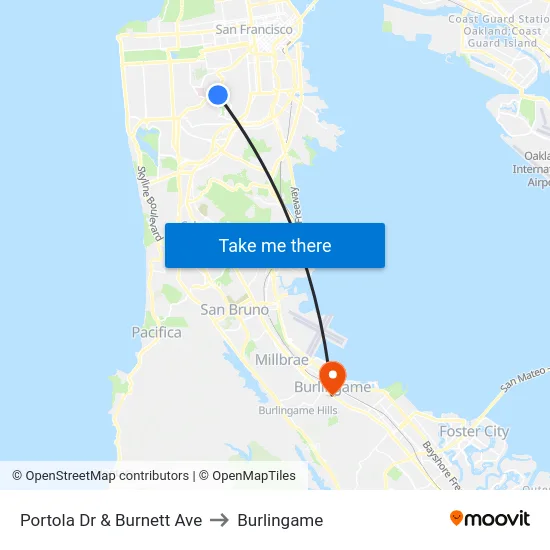 Portola Dr & Burnett Ave to Burlingame map