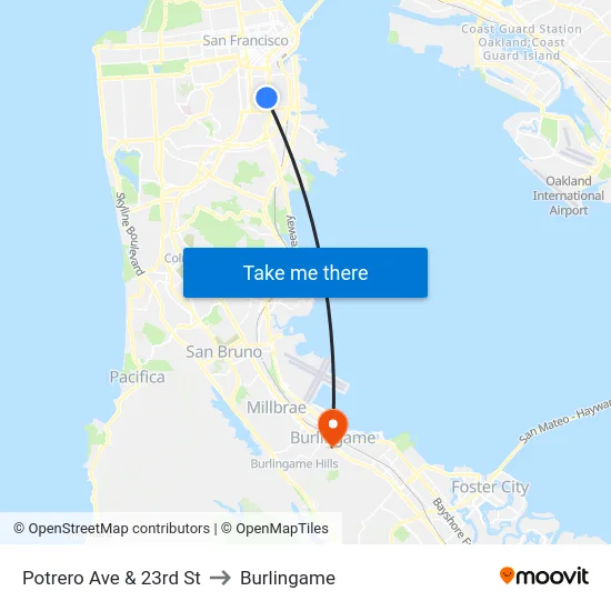 Potrero Ave & 23rd St to Burlingame map