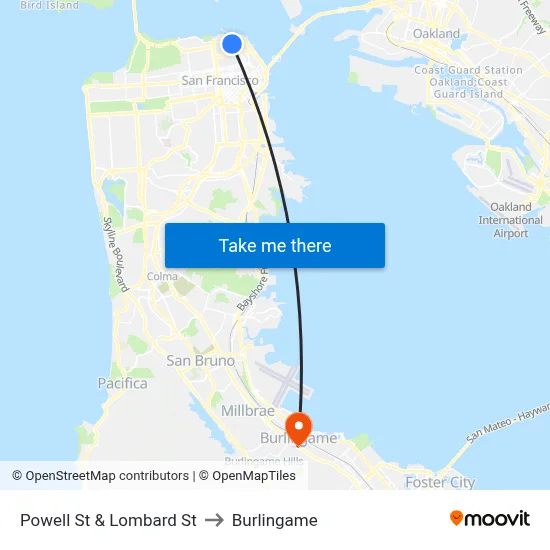 Powell St & Lombard St to Burlingame map