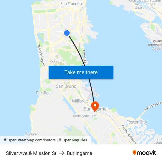Silver Ave & Mission St to Burlingame map