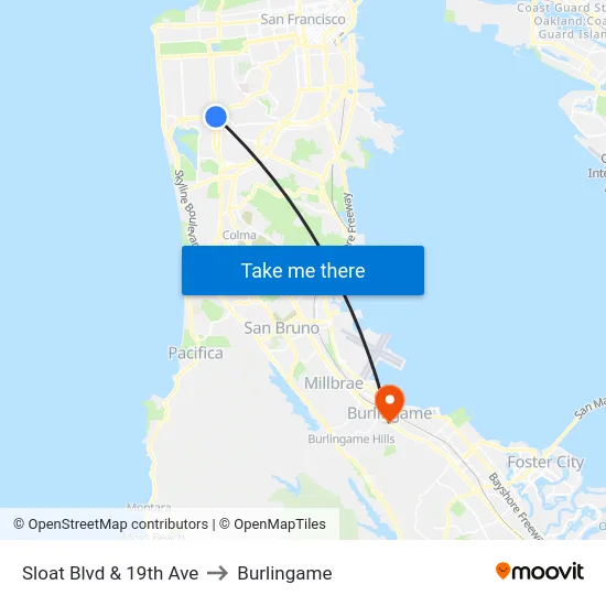 Sloat Blvd & 19th Ave to Burlingame map