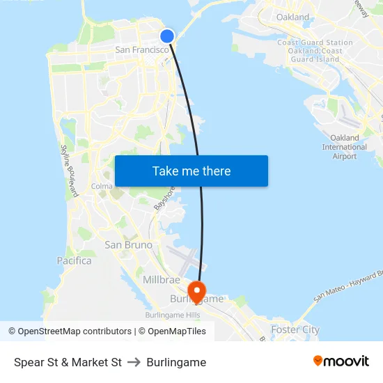 Spear St & Market St to Burlingame map