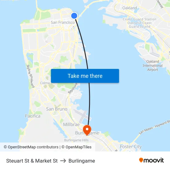 Steuart St & Market St to Burlingame map