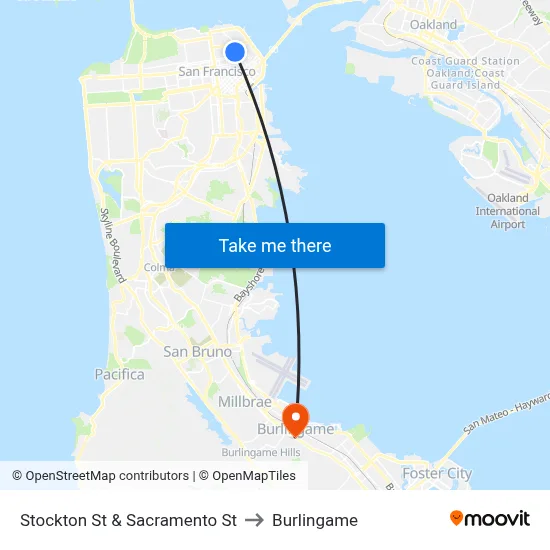 Stockton St & Sacramento St to Burlingame map