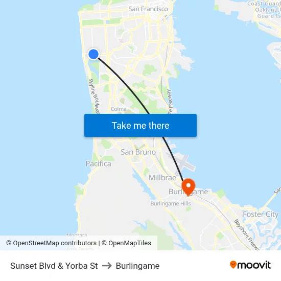 Sunset Blvd & Yorba St to Burlingame map