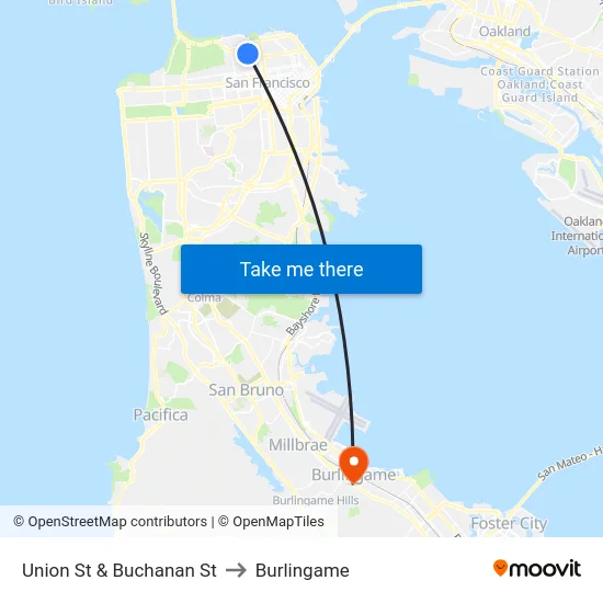 Union St & Buchanan St to Burlingame map