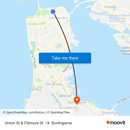 Union St & Fillmore St to Burlingame map