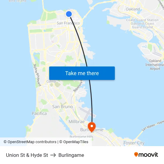 Union St & Hyde St to Burlingame map