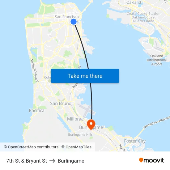 7th St & Bryant St to Burlingame map