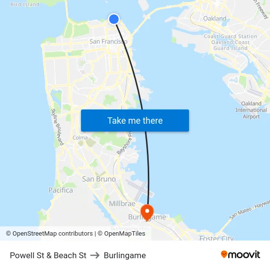 Powell St & Beach St to Burlingame map