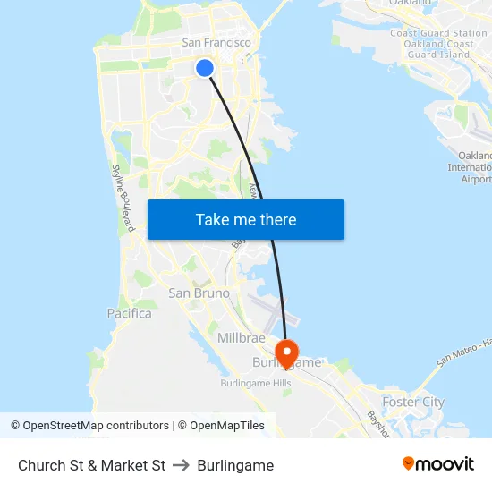 Church St & Market St to Burlingame map