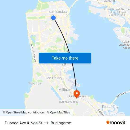 Duboce Ave & Noe St to Burlingame map