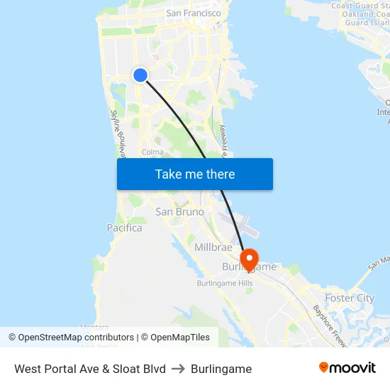 West Portal Ave & Sloat Blvd to Burlingame map