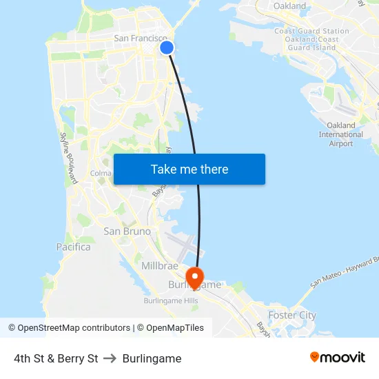 4th St & Berry St to Burlingame map