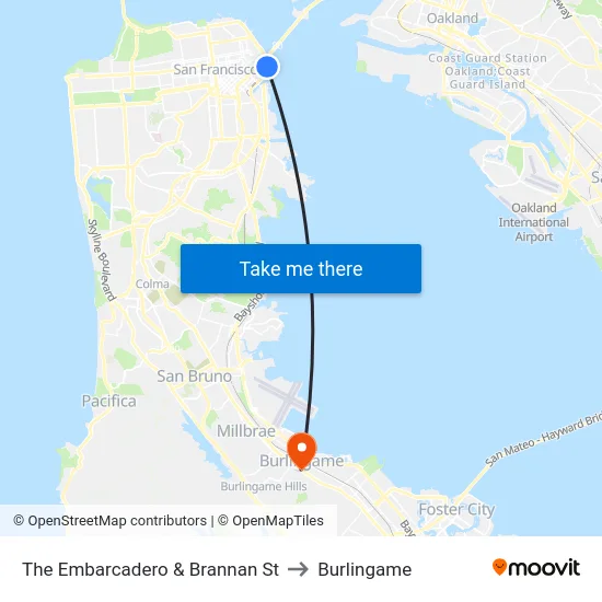 The Embarcadero & Brannan St to Burlingame map