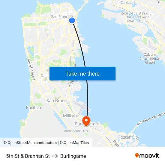 5th St & Brannan St to Burlingame map