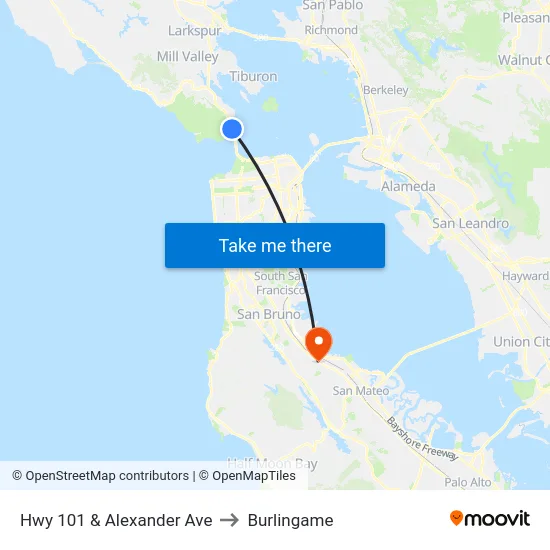 Hwy 101 & Alexander Ave to Burlingame map