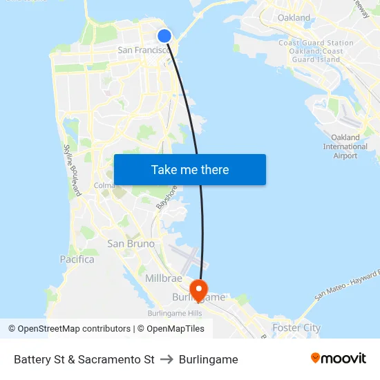 Battery St & Sacramento St to Burlingame map