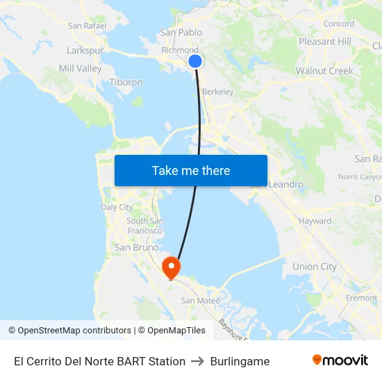 El Cerrito Del Norte BART Station to Burlingame map