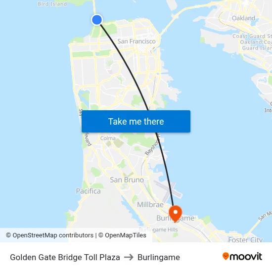 Golden Gate Bridge Toll Plaza to Burlingame map