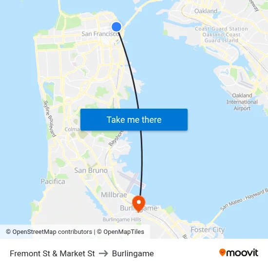 Fremont St & Market St to Burlingame map