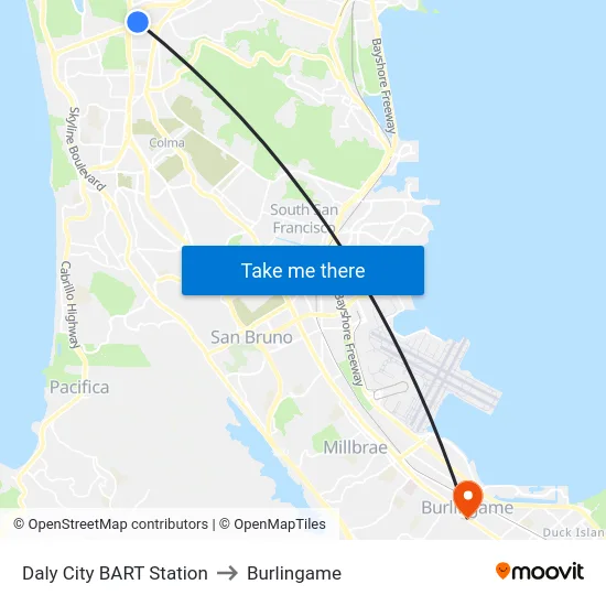 Daly City BART Station to Burlingame map