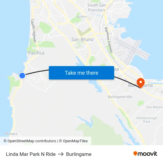 Linda Mar Park N Ride to Burlingame map
