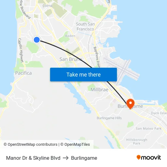 Manor Dr & Skyline Blvd to Burlingame map