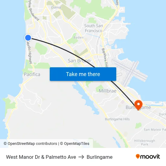 West Manor Dr & Palmetto Ave to Burlingame map