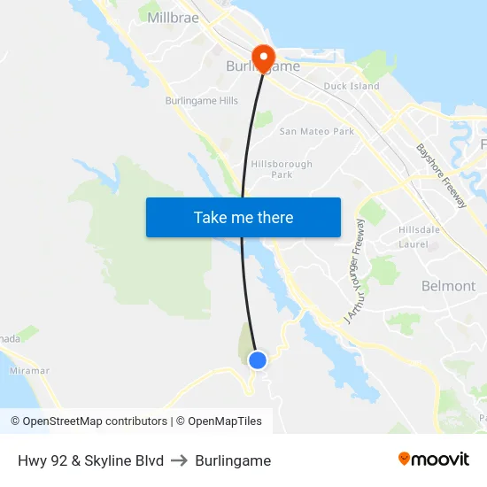 Hwy 92  & Skyline Blvd to Burlingame map